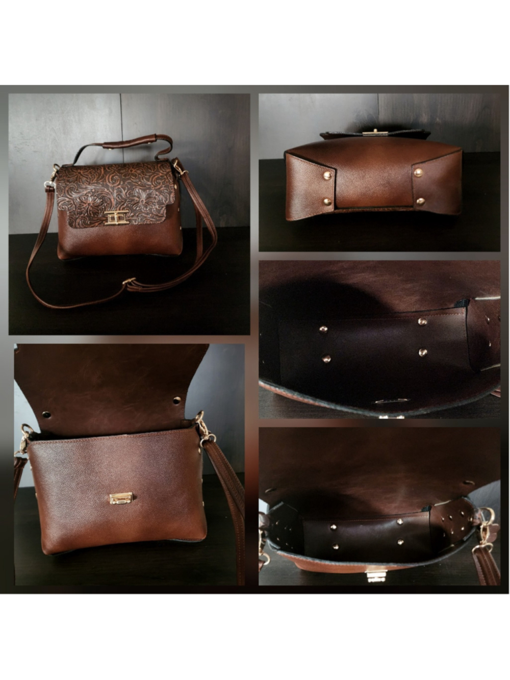 Pecan Brown Floral Studded Embossed Artisan LEATHER Purse Handbag Crossbody - Picture 14 of 15